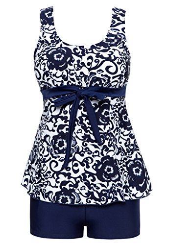 Wantdo Bañador Tankini Playa 2 Pieza Estampado Pantalones Cortos Mujer Azul Marino y Flor 56-58