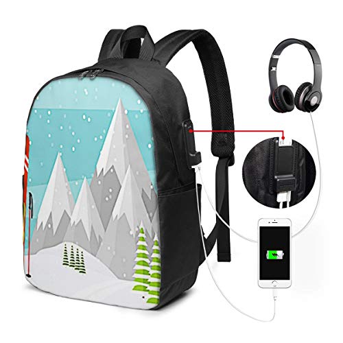 WEQDUJG Mochila Portatil 17 Pulgadas Mochila Hombre Mujer con Puerto USB, Ski Trail Trees Mochila para El Laptop para Ordenador del Trabajo Viaje