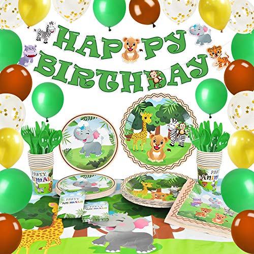 WERNNSAI Selva Safari Tema Suministros para la Fiesta - Zoo Animales Fiesta Decoraciones & Vajilla para Niños Cumpleaños Mantel Platos De Postre Servilletas De Almuerzo Sirve 16 Invitados 153 PCS