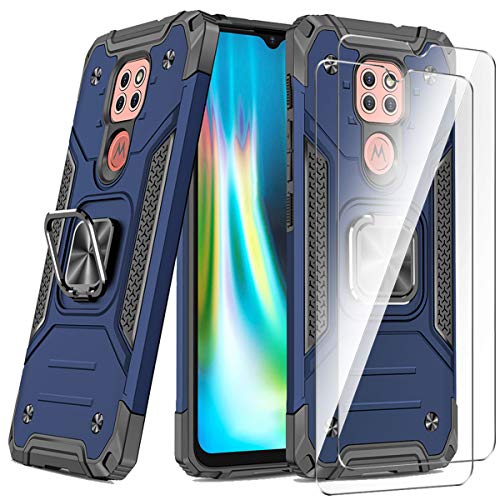 WLSM Funda para Motorola Moto G9 Play + 2 Cristal Vidrio Templado Protector de Pantalla, Anti-Choque Carcasa con 360 Grados Anillo iman Soporte, Hard Silicona TPU Caso - Azul