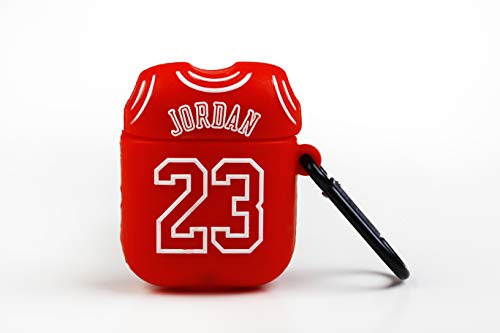 Wondee Global Services Funda Protectora para Airpods Apple - Diseño Camiseta 23 Michael Jordan, con mosquetón Anti pérdida. Compatible con Airpods 1 & 2, Rojo, estandar