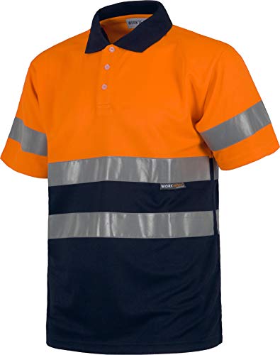 Work Team Polo Combinado Alta Visibilidad Manga Corta. Cintas Reflectantes Torso y Mangas. EN ISO 20471:2013 Hombre Naranja A.V.+Marino S