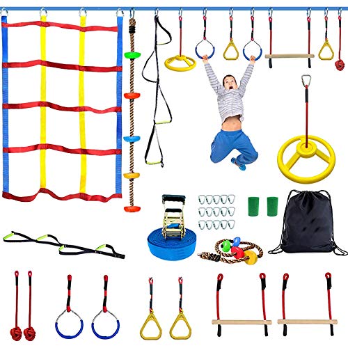 XIJING Carrera de obstáculos Warrior para niños 50 pies Slackline para Patio Trasero con 12 obstáculos Incluye Cuerda de Escalada, Escalera de cincha, Red de Escalada, Rueda giratoria, Barras de Mono