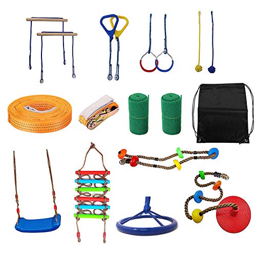 XIJING Warrior Obstacle Course para niños, 50 pies Slackline con 13 obstáculos Cuerda de Escalada, Rueda de obstáculos, Nudos de Cuerda, Barras de Mono, Anillos de Gimnasia, Asiento Columpio