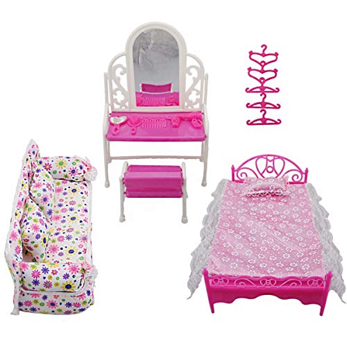 Yissone Juego de Muebles de Princesa Kit de Accesorios de Casa de Muñecas Regalo para Niños 8 Artículos/Lote Juego de Tocador 1X + Juego de Sofá 1X + Juego de Cama 1X + Perchas 5X para