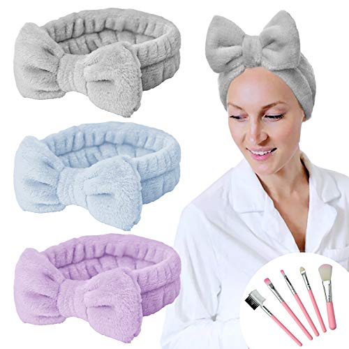 YMHPRIDE - Diadema de spa, 3 piezas, diadema con lazo para niñas, mujeres, encantadora y suave diadema elástica Carol con juego de pinceles de maquillaje (azul cielo/morado claro/gris）