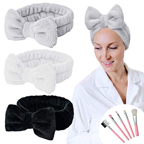 YMHPRIDE - Diadema de spa, 3 piezas, diadema con lazo para niñas, mujeres, encantadora y suave, diadema elástica de Carol con juego de pinceles de maquillaje (negro/blanco/gris）