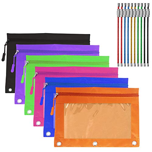 YuCool - Lote de 6 estuches con cremallera, 3 orificios reforzados para lápices con ventana de PVC transparente, 10 llaveros de alambre (multicolor)