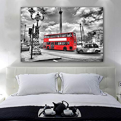 ZDFDC Pintura de Lienzo en Blanco y Negro, Paisaje de Londres, imágenes de Arte de Pared de Coche Rojo para Sala de Estar Moderna decoración del hogar-60x90cmx1 Piezas sin Marco