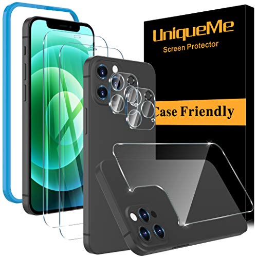 [2+2+1 Pack]UniqueMe Protector de Pantalla y Protector de lente de cámara y Protector de pantalla trasero para iPhone 12 Pro Max 5G （6,7 pulgadas）,[Sin Burbujas] HD Cristal Vidrio Templado