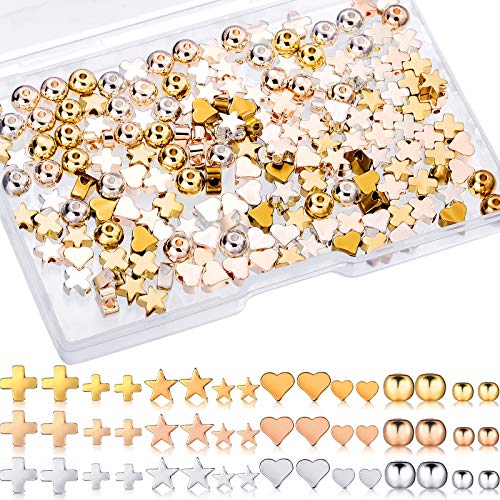 240 Cuentas Espaciadoras de Metal en Forma de Corazón Estrella Cruce Redondez Cuentas Sueltas de Encanto Artesanal de Joyería Hecha a Mano para Navidad San Valentín, Oro, Plata, Oro Rosa