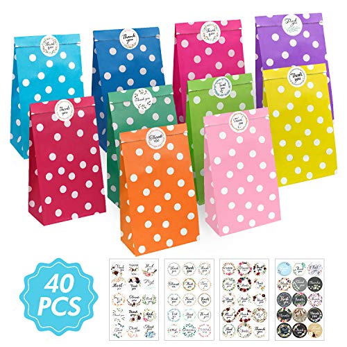 40 Bolsas de Papel, Bolsas Papel Kraft Bolsas Papel para Fiestas Bolsas de Regalo con 60 Pegatinas de Agradecimiento, Bolsas para Chuches para Fiestas de Cumpleaños, Bodas, Navidad(10 Colores)