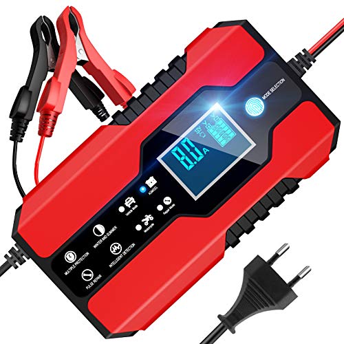 8A 12V/24V Cargador de Batería de Vehículo Inteligente Reparación Mantenimiento Batería Autos o Motos Función Vehículo Múltiples Modos y Protección con Pantalla LCD Batería de Plomo-ácido (Rojo)