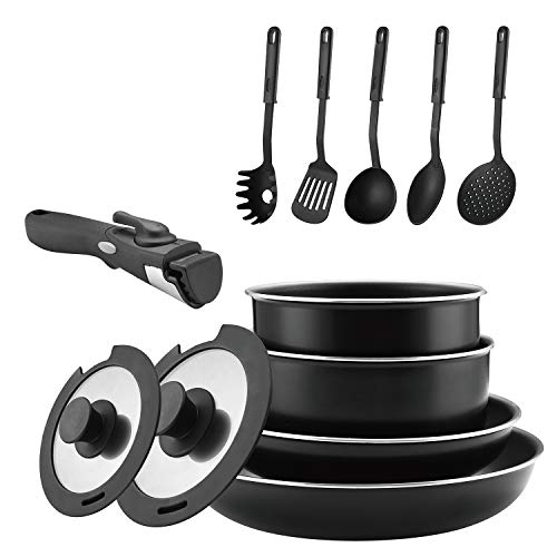 Abizoe Juego de utensilios de cocina de acero inoxidable de 12 piezas, sartenes antiadherentes y ollas con asas extraíbles, eficiente almacenamiento, excelente para caravanas y cocinas compactas negro