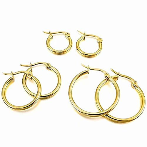 Acero Inoxidable Pendientes Conjunto - LINSUNG3 pares 15mm 20mm 25mm Acero Inoxidable Aro Hoop Huggie Pendientes Conjunto Mujer Dorado