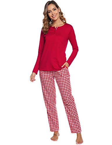 Aibrou Pijama Cuadros Mujer Invierno Dos Piezas,Algodón Camiseta y Pantalones Largos Casual Ropa de Casa Dormir Suave y Comodo S-XXL