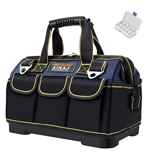 AIRAJ 45×25×29cm,Bolsa de Herramientas a Prueba de Agua, Bolsa tote de Herramientas de Boca Abierta,Múltiples Bolsillos Correa para el Hombro Ajustable, Bolsa de Electricista con Fondo de Plástico