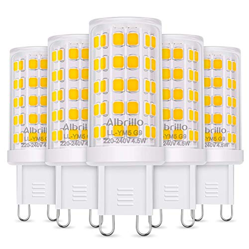 Albrillo Bombillas LED G9 de 4.5W, 50 W Bombilla Halógena Equivalente, Blanco Cálido 3000K, 500LM, Sin Parpadeos, 360° Ángulo de Haz Omni Directional, No Regulable, Pack de 5 Unidades