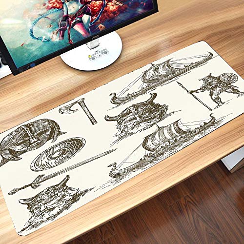 Alfombrilla goma antideslizante para ratón, Vikingos, figuras antiguas de guerra, espada, escudo y guerreros, máscara, cab,ratón de goma antideslizantes con Designs para gamer y Office trabajo60x35 cm