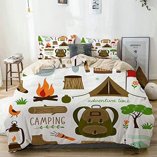 AMIGGOO Bedding Juego de Funda de Edredón,Beige,Equipo de Campamento Saco de Dormir Botas Campfire Pala Pala Hacha Registro Obra de Arte Imprimir,1 Funda Nórdica 220x240 + 2 Funda de Almohada