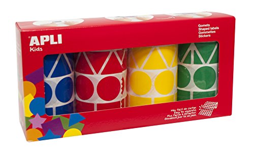 APLI Kids - Pack de 4 Rollo de gomets tamaño XL, colores azul, rojo, amarillo y verde, 5.428 uds