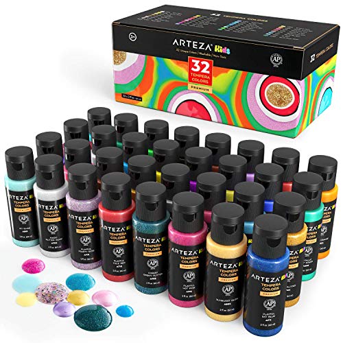 ARTEZA KIDS Pinturas témperas para niños | Caja de 32 botes de 60 ml | Pintura lavable para carteles y manualidades | Para pintar con esponja o con los dedos | Incluye neón, purpurina y fosforescente