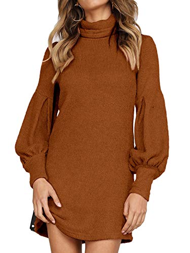 Auxo Vestido a Punto Cuello Alto Suéter Larga Elegante Clásico para Mujer Jerséy para Otoño Invierno B-Marrón L