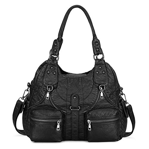 BAIGIO Bolsos de Mujer Bolso de Hombro de Cuero PU Lavadas Suaves para Mujer Gran Capacidad Bolso de Mano con Multitud de Bolsillos con Cremalleras (Negro-2)