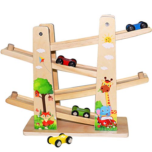 Baobë Juguetes de Pista de Madera, Juegos de Coches, Juguetes de Madera para Niños Haga Clic en la Pista de Clack con * 4 * Coches, Regalos Educativos para Niños Pequeños