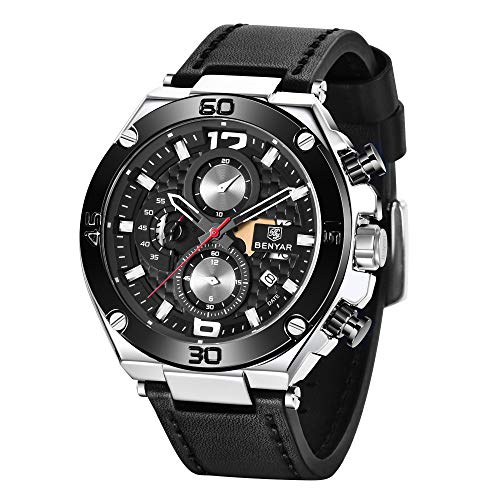 BENYAR Relojes Hombre Relojes de Pulsera Cronografo Diseñador Impermeable Reloj Hombre Banda de Cuero Analogicos Fecha de Pulsera Regalo Elegante