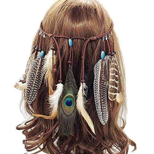 BESLIME Diademas de Plumas Hippie Gitanas, Venda de la Pluma Fascinator Borlas Banda para el Cabello, Bohemia Pavo Real Nacional Estilo Adornos para el Cabello para Las Mujeres Niñas