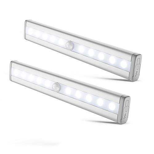 B.K.Licht luz nocturna más versátil, 10 leds con 80lm, detector de movimiento, 19x3cm, Pack de 2, con banda magnética, Funciona con 4 pilas AAA (no incl.)