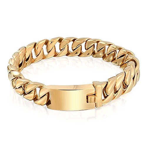 Bling Jewelry Pulsera de Cadena de bordillo Cubano sólido Grande para Hombres Pulido Oro Chapado Acero Inoxidable 12MM