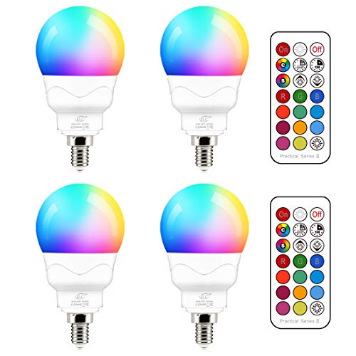 Bombilla LED E14 5W (equivalente a 40W) Colores RGBW Cambio de Color 2700K Blanco Cálido RGB Regulable casquillo fino mando Incluido (4 unidades)