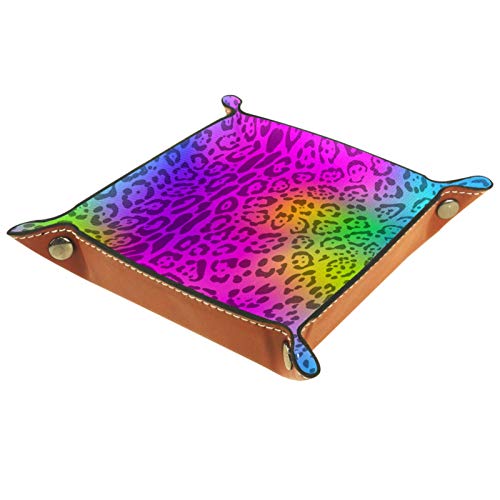 Caja de almacenamiento pequeña, bandeja de valet para hombre,Arco iris de piel de jaguar transparente ,Organizador de cuero para llaves de caja de monedas