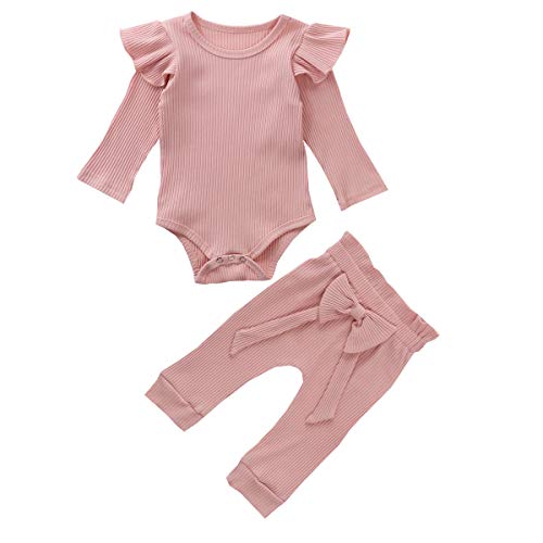 Carolilly - Conjunto de 2 piezas de algodón con volante de manga larga y pantalón rosa 2 12-18 Meses