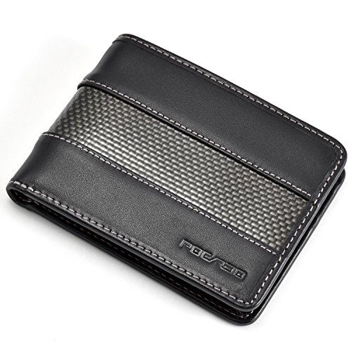 Cartera Negra para Hombre | Piel y Carbono | Bloque de RFID | POCARDO Stripe (sin Bolsillo para Monedas/Costura Blanca)