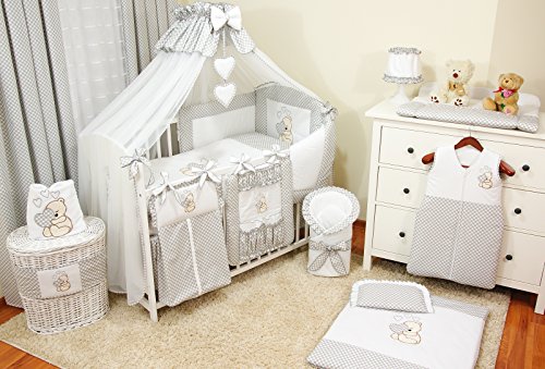 Conjunto de ropa de cama para cuna de bebé, 100% algodón, conjunto completo XXL de 10 piezas, diseño bordado de osito, incluye mosquitera gris gris Talla:120x60cm
