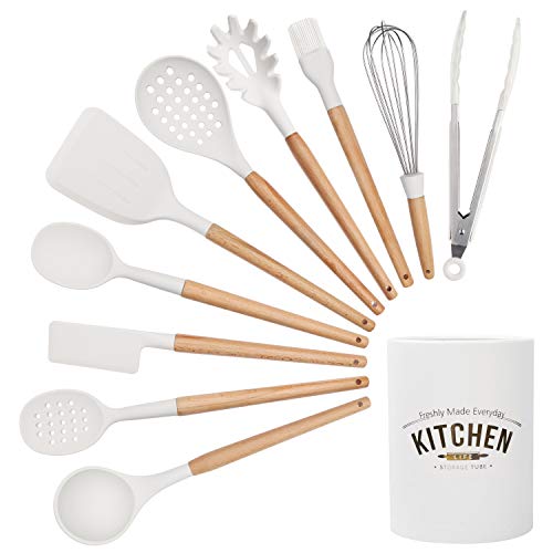 CORAFEI 10 Piezas Utensilios de Cocina Silicona y Madera con Olla de Almacenamiento, Espátula Cuchara de Cocina - Blanco