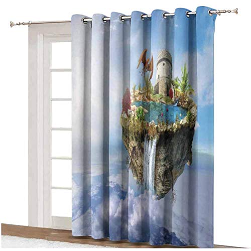 Cortina de sombra con diseño de torre de castillo de dragón, cascada y montaña volando en el espacio, cortinas impresas, panel individual de 203 x 274 cm, para decoración del hogar, color verde y azul