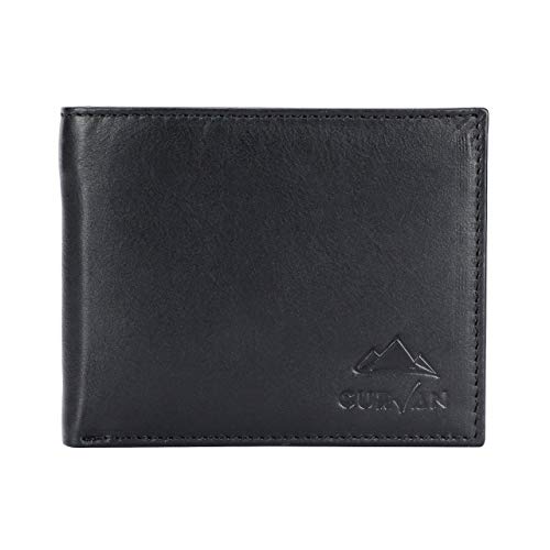 CURVAN - Cartera de Piel Suave para Hombre con Monedero | 100% Cuero Auténtico de Búfalo | Ilustraciones de Viajes y Mapas Náuticos | Carteras Billetera Tarjetero | Ligera 90g y Resistente (Negro)