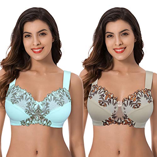 Curve Muse Talla Grande para Mujer, minimizador, inalámbrico, Sujetador sin Forro con Encaje Bordado - Paquete de 2-Desnudo,Azul claro-120G