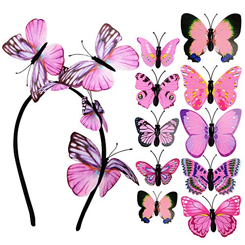 Diadema con Mariposas + 10 Horquillas de Mariposas Mujer Niña para el Pelo Adornos Accesorios para el Cabello Boda Fiesta Disfraz Rosa