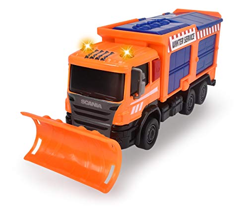 Dickie Toys Scania quitanieve, vehículo de Ruedas, camión, salero, Servicio de Invierno, Pala móvil y extraíble, Cabina de Metal, luz y Sonido, Incluye Pilas, 19 cm, a Partir de 3 años (203782000)