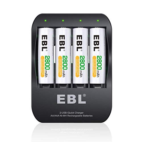 EBL iQuick Cargador de Pila de Ni-MH AA AAA Pila Recargable con 4 AA 2800mAh Pilas Recargables con Dos Modos Cable USB(Micro USB y USB-C)