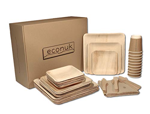 econuk – Juego Completo de Platos Vasos Cubiertos y Servilletas Desechables Biodegradables para 10 Personas 70 Piezas + Extras - Platos Hoja de Palma vajilla desechable ecologica