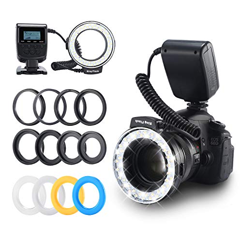 Emiral Anillo Flash 48 Macro LED Bundle con Control de Potencia de Pantalla LCD, Anillos Adaptadores y Difusores Flash para Cámaras y otras Cámaras DSLR