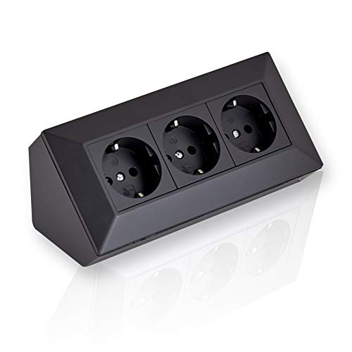 Enchufe de esquina de montaje 3 x Schuko negro, para cocina, oficina, taller. Regleta de 3 enchufes ideal para encimeras de cocina, enchufes o enchufes empotrados.