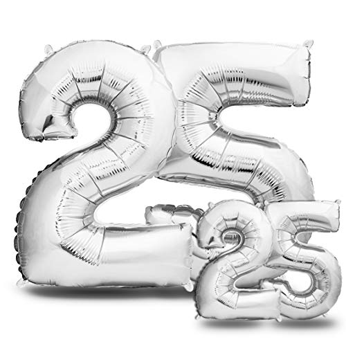 envami Globos de Cumpleãnos 25 Plateado I 101 CM + 40 CM Globos 25 Años I Globos Numero 25 I Decoracion 25 Cumpleaños Mujer Hombre I Globos Numeros Gigantes para Fiestas I Vuelan con Helio