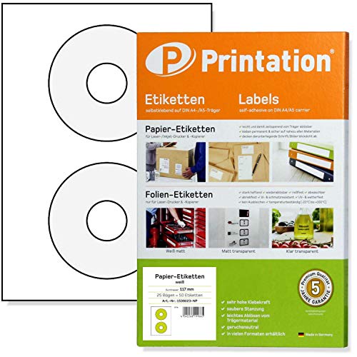 Etiquetas CD DVD blanco autoadhesivo redondo opaco imprimible - 50 pegatinas en papel DIN A4 de 25 hojas - diámetro 117 mm